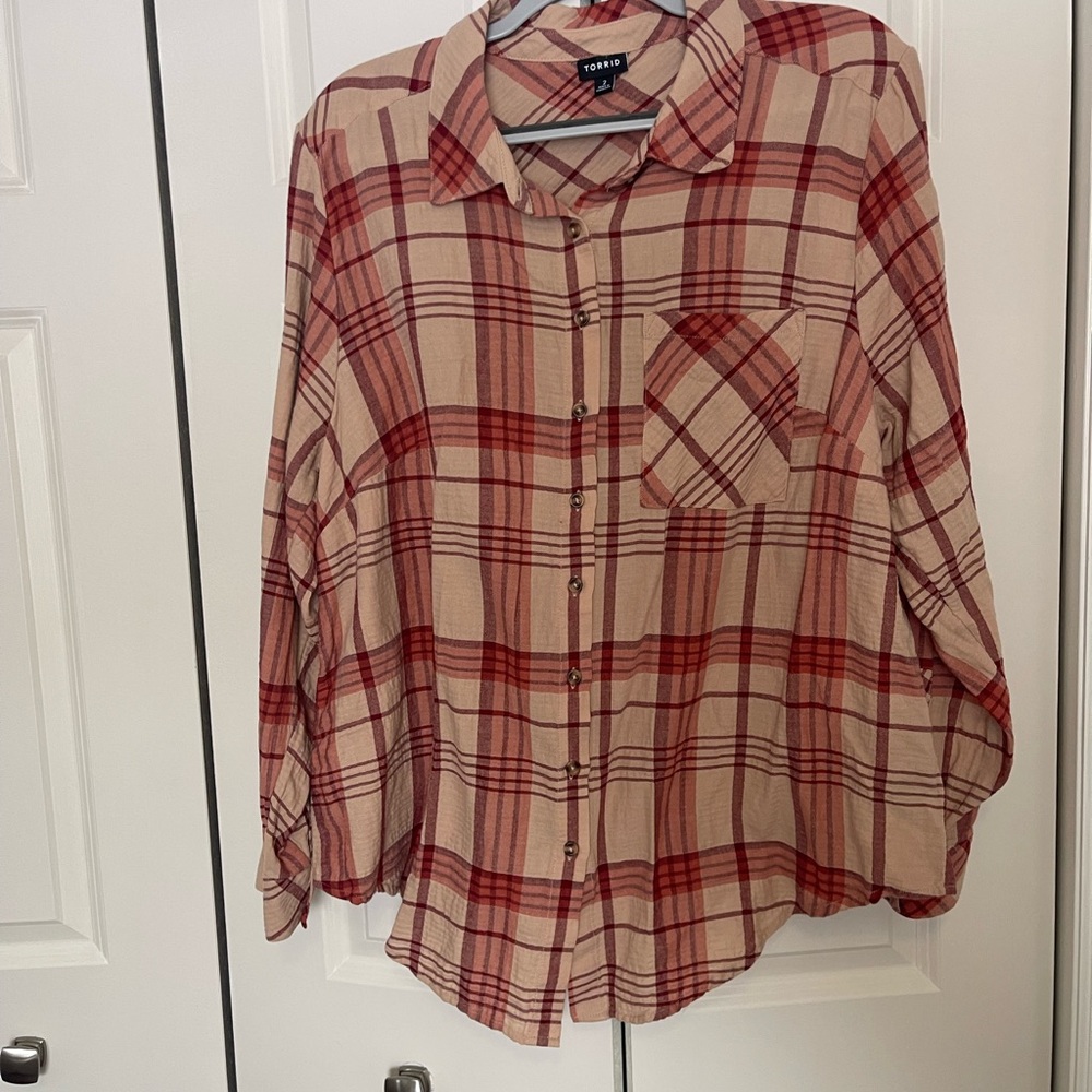 Torrid Plaid Button Down Shirt Size 2 | Beige Blush Rust Oversized Flannel Top